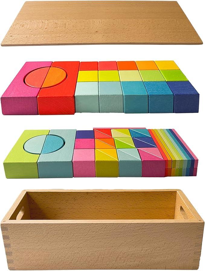 Luxury Montessori Wooden Rainbow Building Blocks Set – 68 Pcs Educational STEM Toy for Toddlers, Premium Solid Wood with Handcrafted Storage Box, Inspires Open-Ended Creative Play (Ages 1–4)