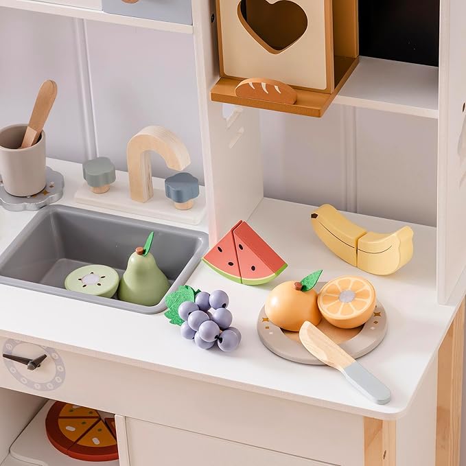 Premium Wooden Play Food Cutting Set – Montessori Pretend Play Kitchen Toy with Shopping Bag, Wooden Fruit & Vegetable Set for Kids